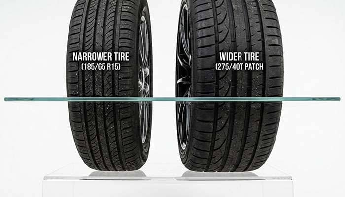 Comparison of a narrower tire contact patch beside a wider tire contact patch on a white studio backdrop