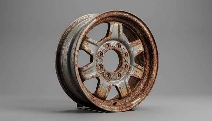 Corroded steel truck wheel showing rust bubbling through factory paint at bead seat