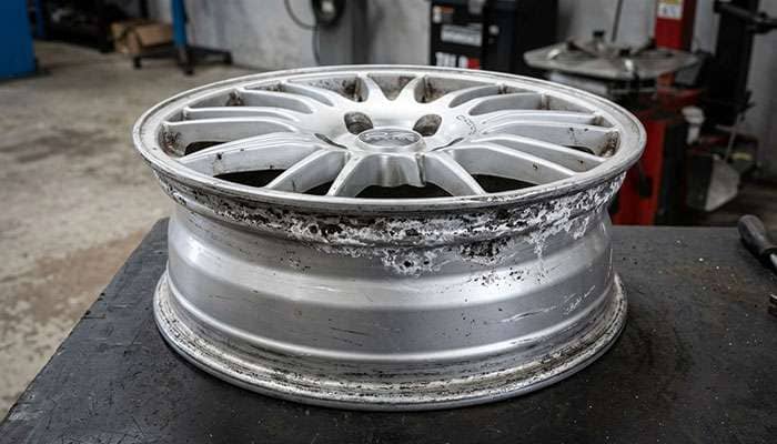 Corroded alloy wheel rim showing pitting and oxidation on the bead seat area that causes chronic air leaks