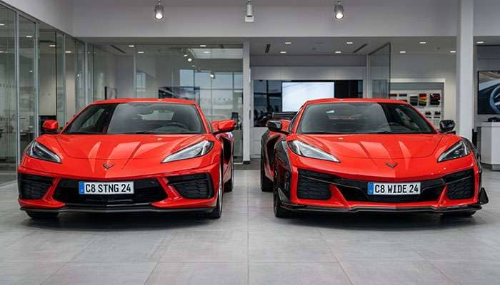 Two red C8 Corvette models stock body on the left and widebody C8RR on the right parked side by side