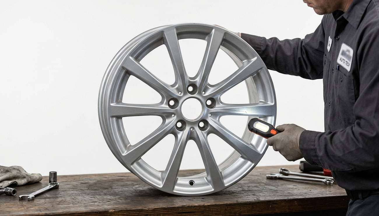 Technician inspecting a cracked aluminum alloy wheel with a bright inspection light on a shop bench