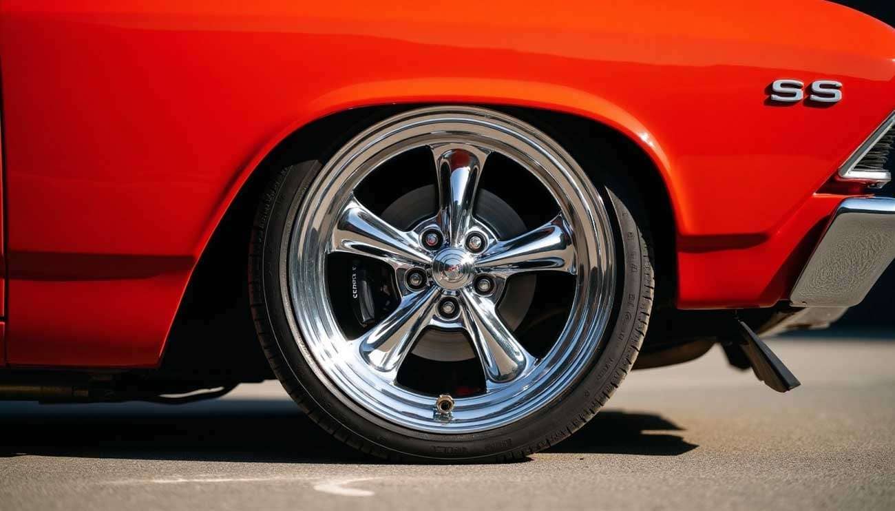 Close-up of a polished Cragar SS five-spoke wheel on a bright red classic car with SS badge