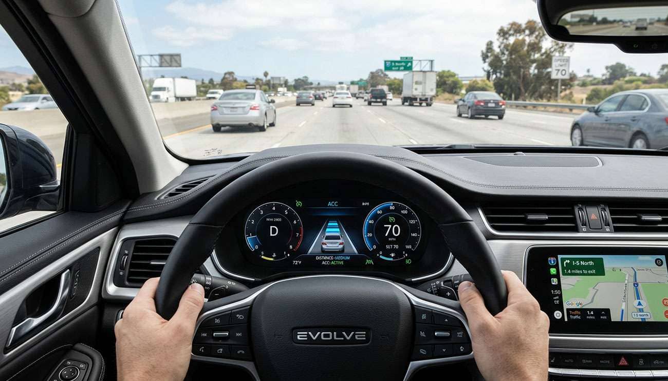 Modern cruise control dashboard display showing adaptive cruise control system engaged on highway