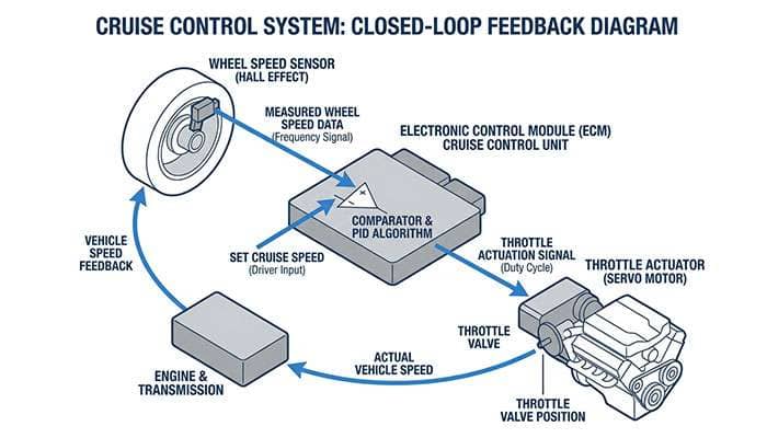 Diagram showing cruise control feedback loop with speed sensor, control module, and throttle actuator