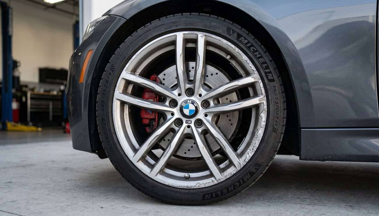 Close-up of alloy wheel with curb rash damage showing scrapes and scuffs on rim edge
