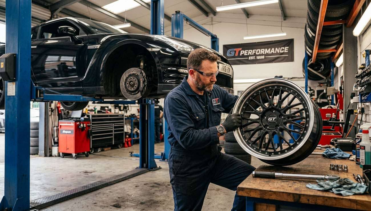 Man in a garage examining custom car wheels with a car lifted and wheel removed nearby on a workbench.