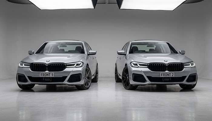 side by side comparison of gunmetal and gloss black aftermarket wheel styles on matching vehicles