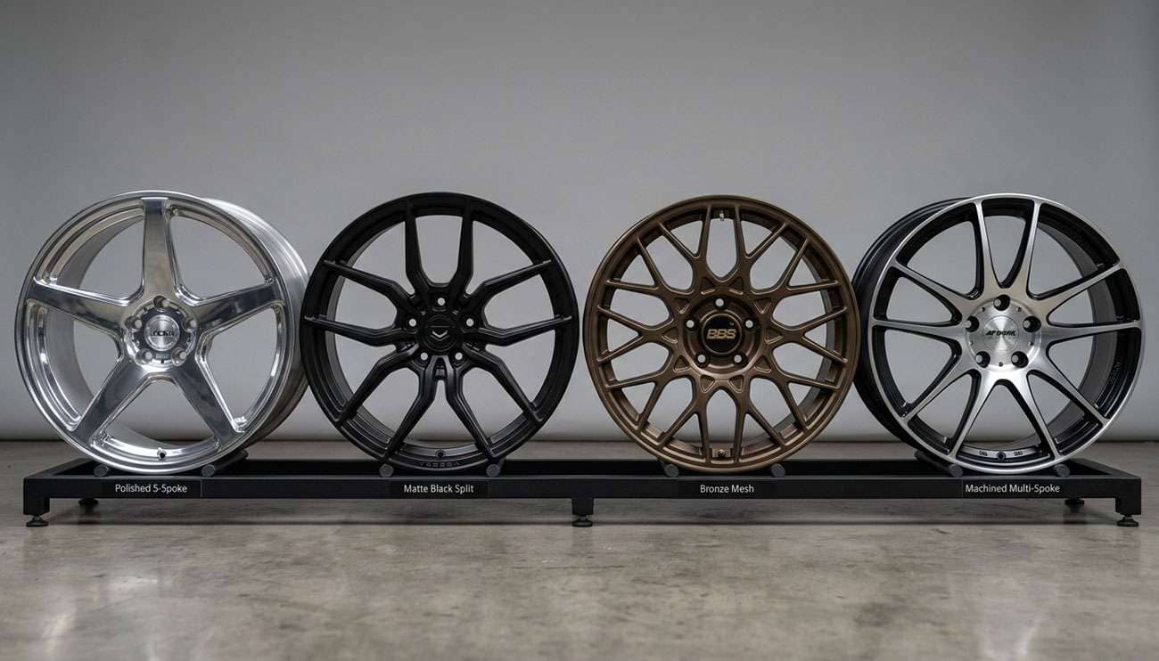 Array of custom car wheels showing different spoke patterns face profiles and finishes displayed in showroom
