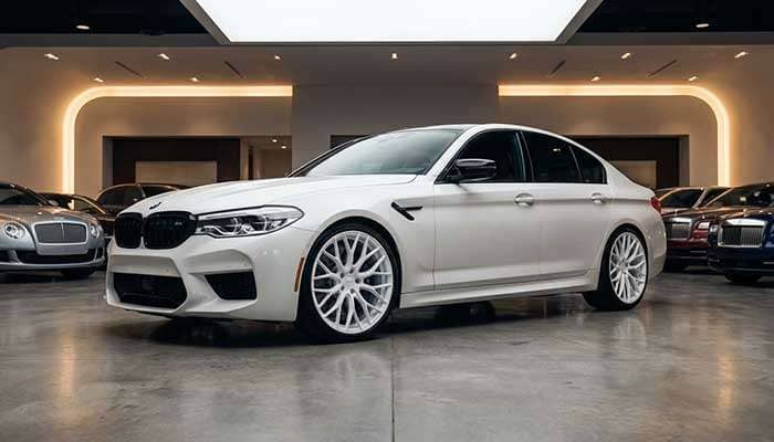 White BMW with large custom white multi-spoke wheel parked indoors next to a white Toyota car