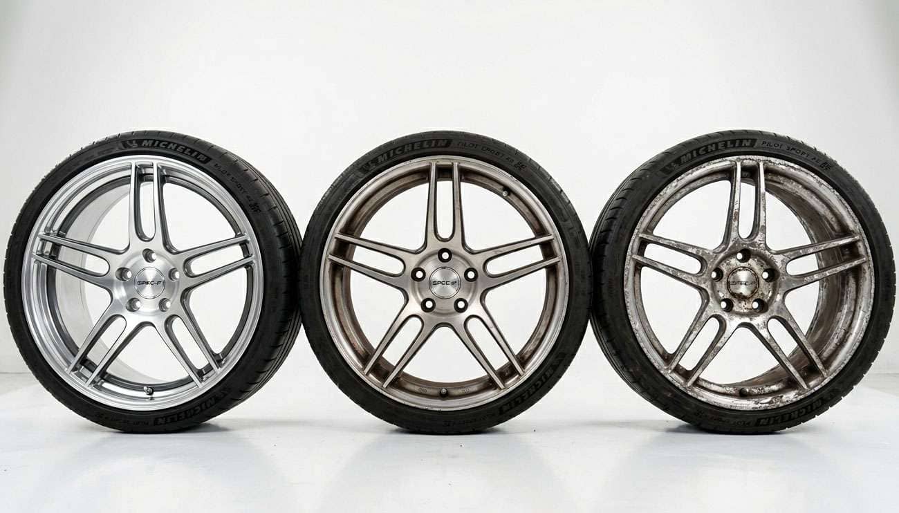 Three custom wheels arranged in a row showing different lifecycle conditions