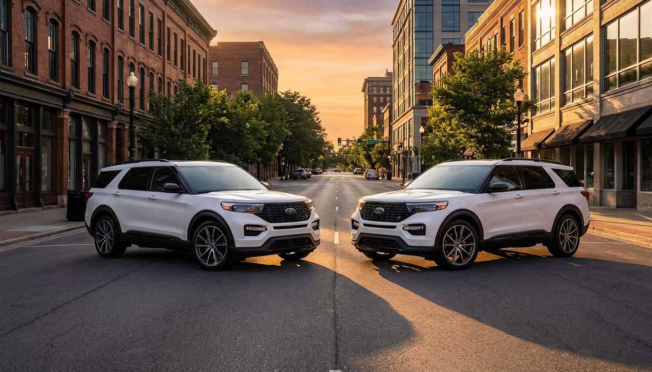 Two white Ford SUVs with custom wheels parked side by side on a sunlit street at sunset