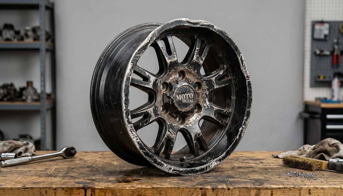 Damaged truck wheel on workbench showing visible bend corrosion and curb rash in shop environment