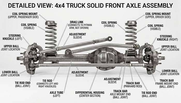 Solid front axle with track bar, tie rod, and ball joint locations highlighted