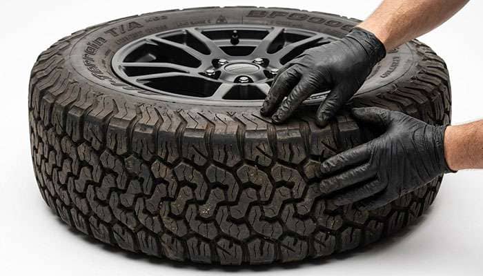 Technician inspecting an off-road tire tread and wheel for damage and runout