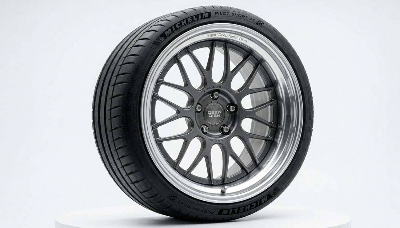 Deep dish wheel with a pronounced polished outer lip mounted on a vehicle, side profile