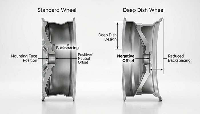 Cross-section diagram comparing standard wheel offset to deep dish negative offset and backspacing