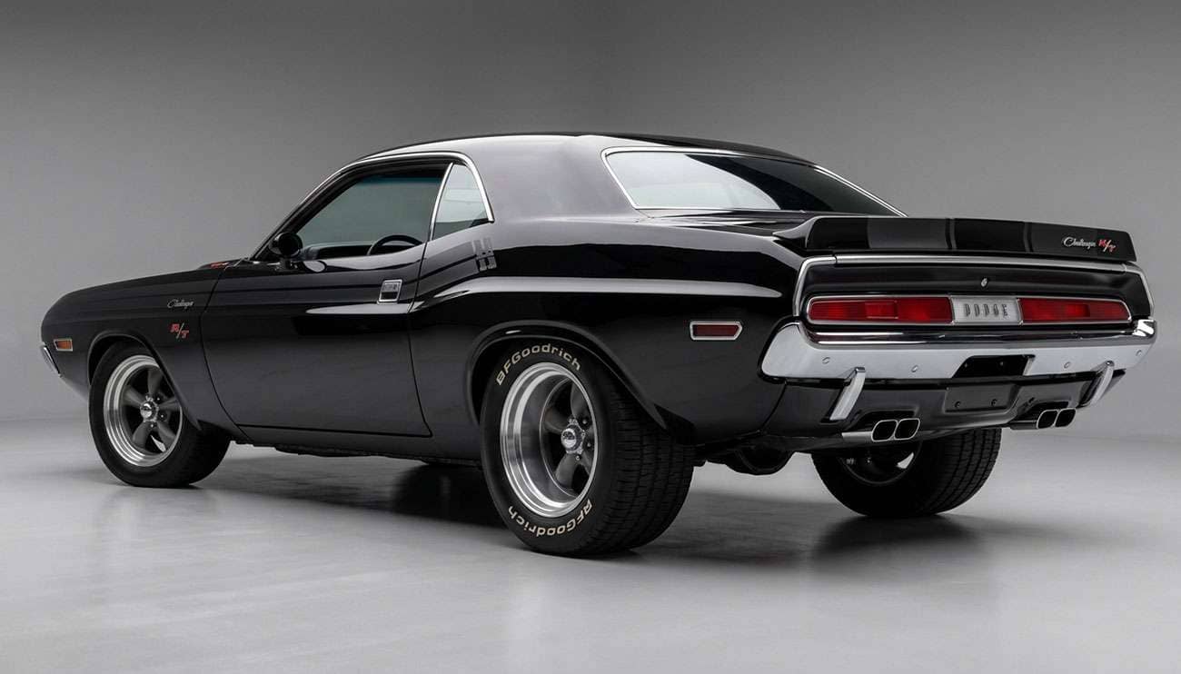 Classic American muscle car with aggressive deep dish wheels and wide rear tires parked in a three-quarter view