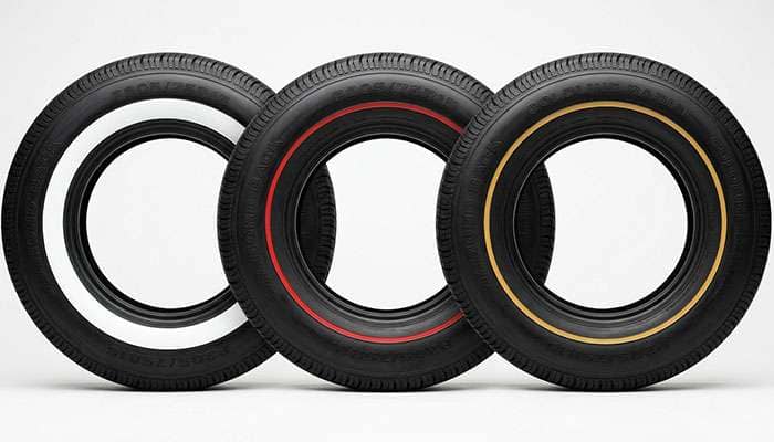 Diamond Back tire sidewall styles showing whitewall, redline, and goldline options