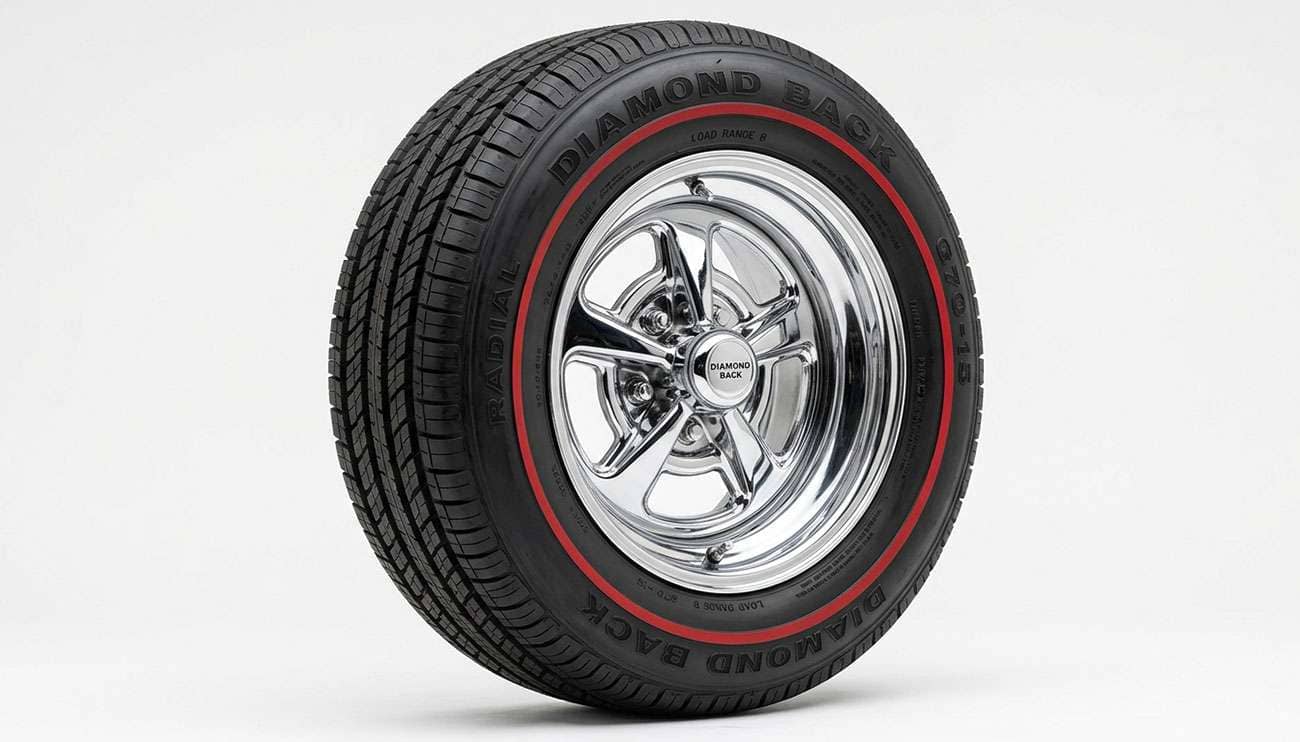 Diamond Back redline radial tire mounted on a classic muscle car