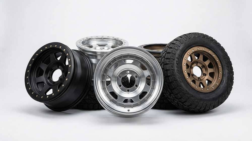 Collection of various beadlock wheel styles showing external ring, internal design, and simulated beadlock patterns