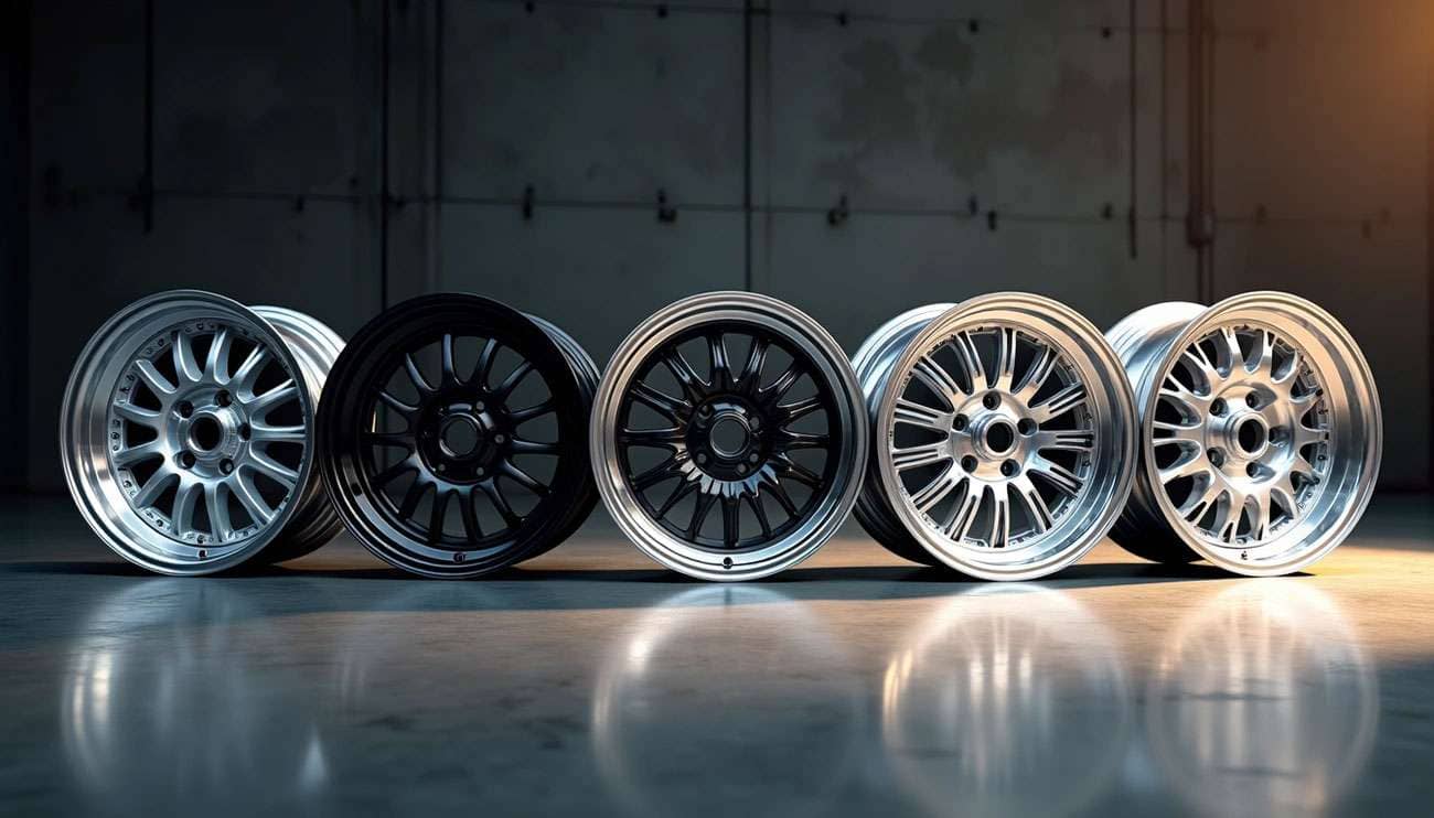 Five different styles of truck rims displayed in a row on a reflective floor in a dimly lit garage