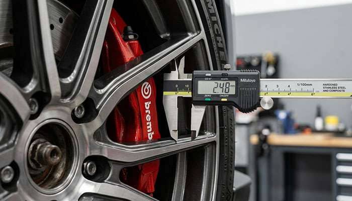 Close-up of a digital caliper measuring the gap between a brake caliper face and the inner spoke of a mounted aluminum wheel