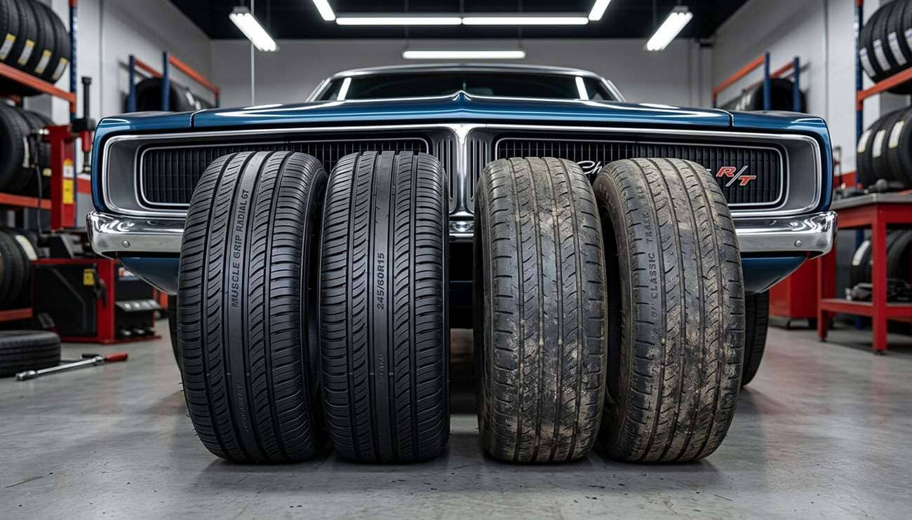 Two new tires beside two older tires in front of a classic American muscle car in a tire shop