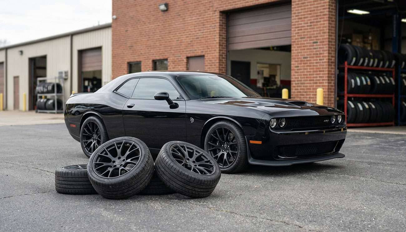 Black Dodge Challenger parked outdoors with four aftermarket tires lined up in front, ready for installation