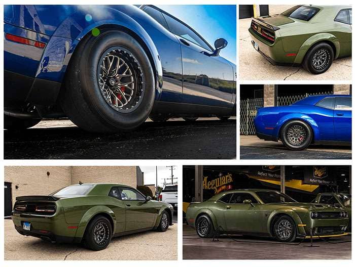 Collage of Dodge Challengers featuring Billet Specialties Redline 17x11 black drag wheels with beadlock design