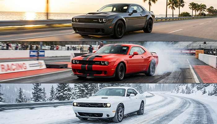 Dodge Challenger shown in multiple driving scenarios including highway cruising, track racing, and winter road conditions