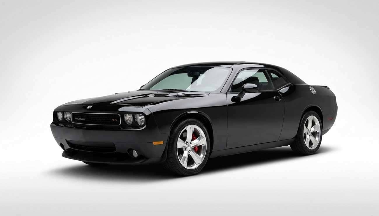 Sleek black Dodge Challenger with polished five-spoke wheels and red brake calipers in a showroom setting