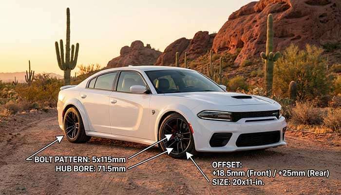 White Dodge Charger parked on a desert landscape with wheel specs including bolt pattern, hub bore, offset, and size displayed.