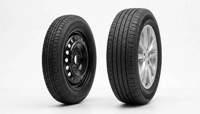 Temporary donut spare beside a full-size crossover tire showing the diameter difference