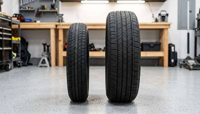 side by side comparison of a compact donut spare tire and a full-size regular tire showing the size difference in diameter and width