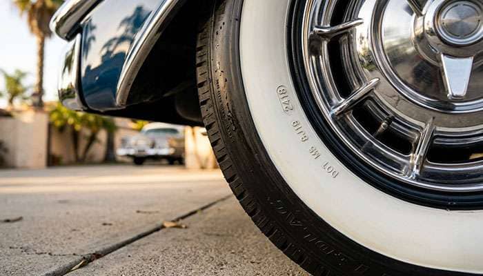 Close-up of the four-digit DOT date code on the sidewall of a whitewall tire mounted on a classic car