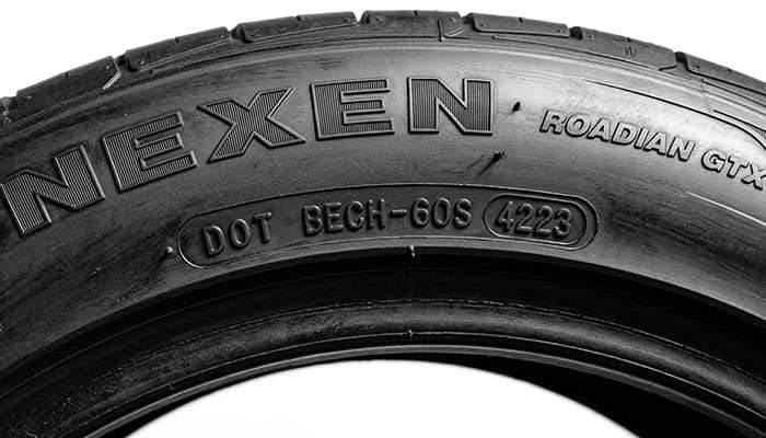 Nexen Roadian GTX sidewall showing DOT serial number and four digit date code