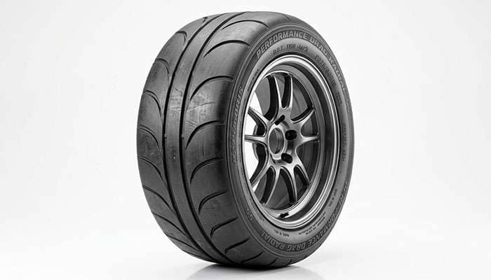DOT-legal drag radial tire showing street-legal tread pattern and sidewall markings