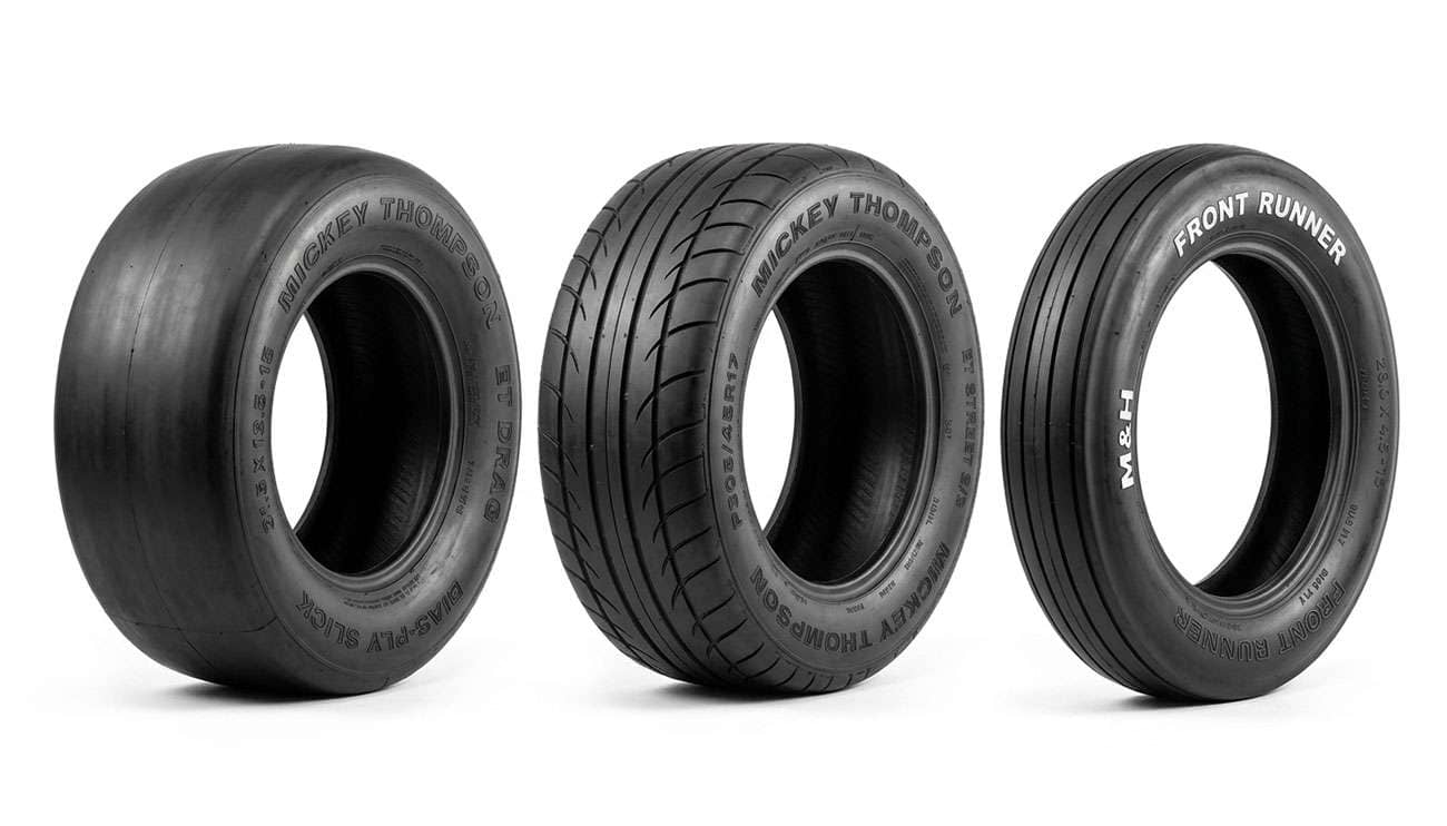 Drag racing tire lineup showing a Mickey Thompson ET Drag bias-ply slick, a Mickey Thompson ET Street S/S drag radial, and an M&H Bias Ply Front Runner
