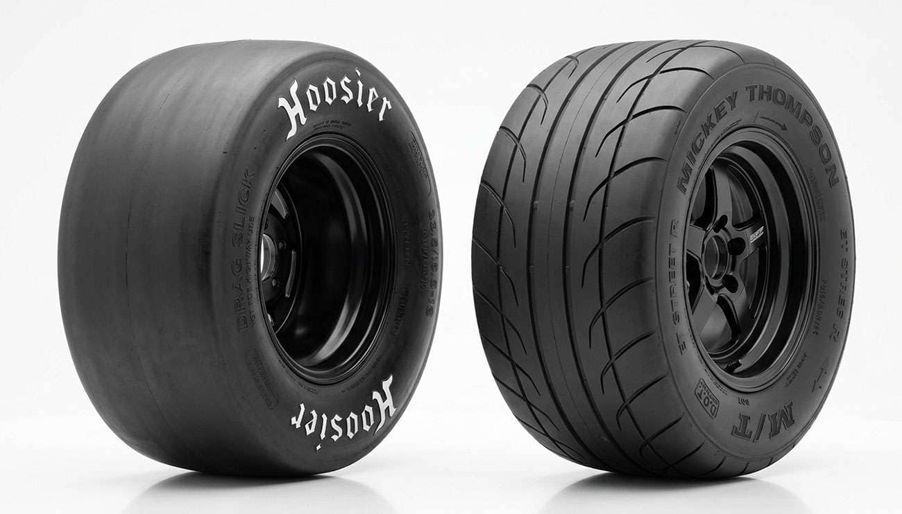 Drag slick and drag radial tires displayed side by side for comparison