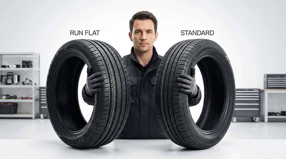Driver examining tire options in shop comparing run flat and standard tire characteristics for vehicle purchase decision