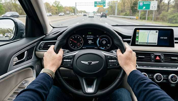 Driver hands on steering wheel with dashboard visible staying safely inside vehicle