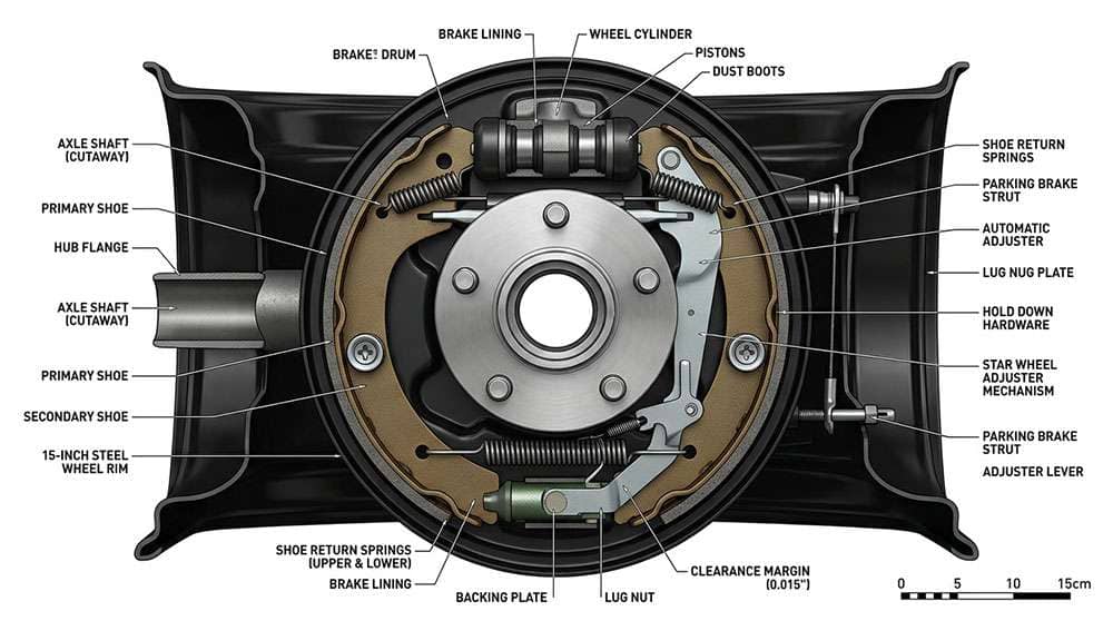 Cross-section cutaway view of a classic drum brake assembly showing the drum shoes and hardware inside a 15 inch steel wheel demonstrating clearance constraints