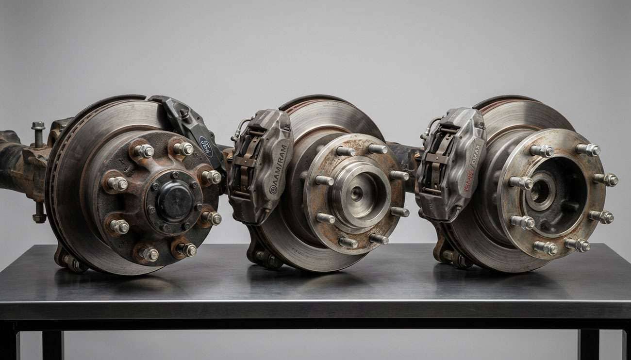 Three different dually wheel hubs side by side showing different 8-lug bolt patterns