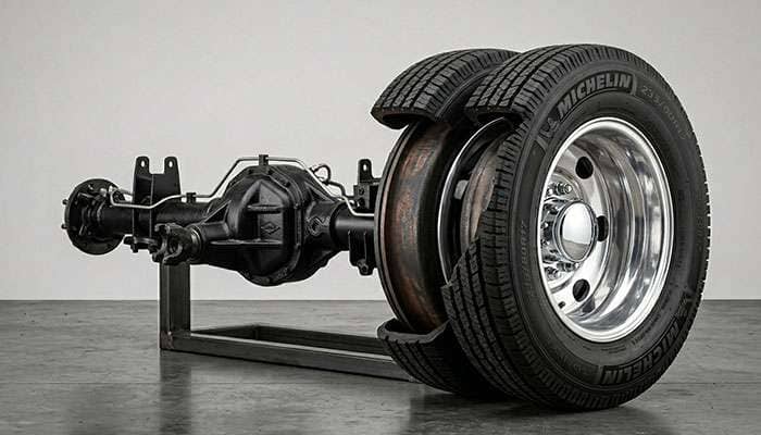 Dually rear axle showing both inner and outer wheels mounted in proper dual configuration