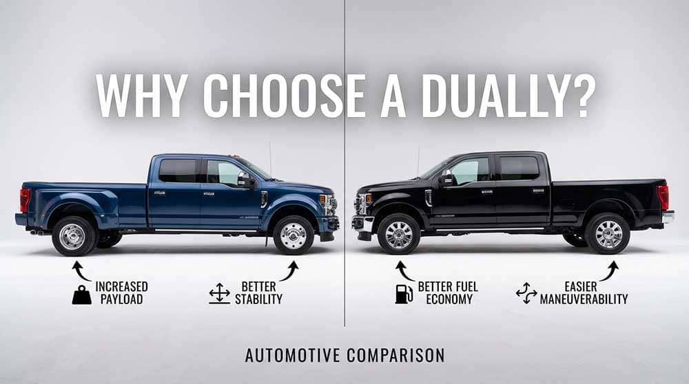 Side-by-side comparison of a blue dually truck and a black single truck with the question, 'Why choose a dually?'