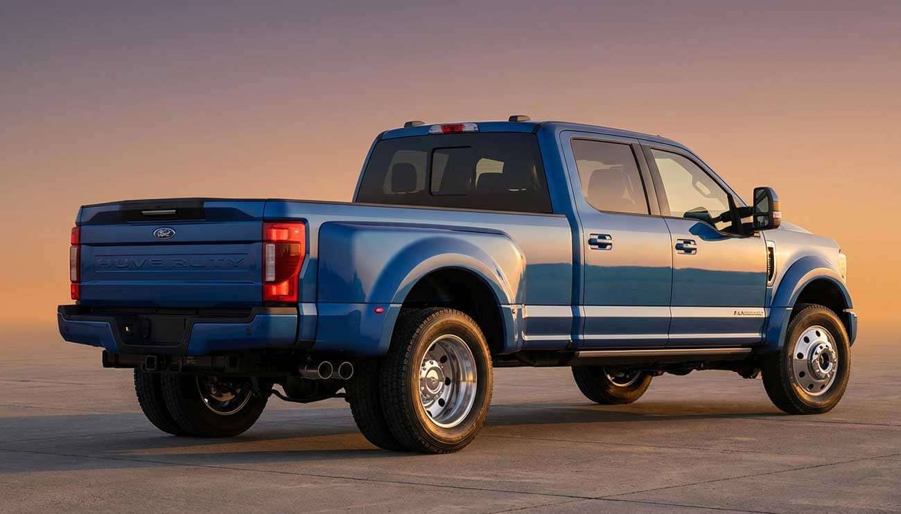 Close-up of a blue truck's dually wheels on a sunlit pavement at sunset, highlighting the dual rear tires