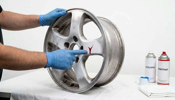 Dye penetrant inspection being applied to an aluminum wheel to reveal the full length of a crack before repair