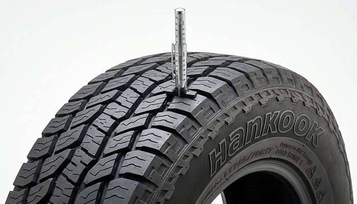 Tread depth gauge measuring the tread grooves of a Hankook Dynapro AT2 all-terrain tire