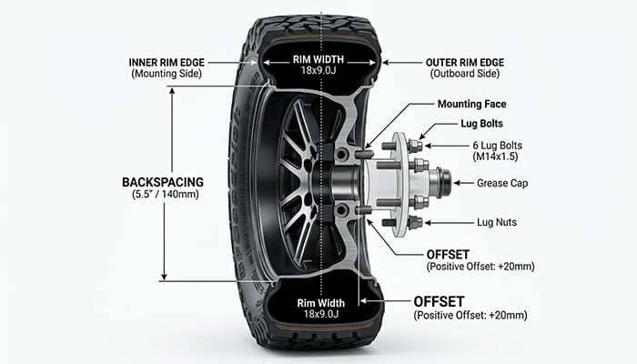 Cross-section illustration of wheel backspacing and offset on an early Bronco wheel