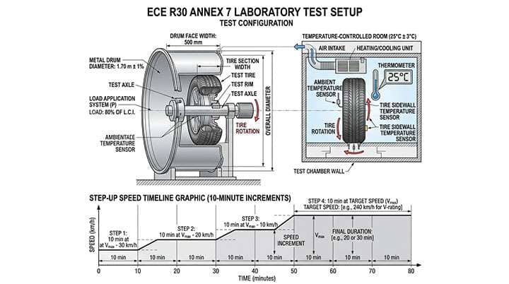 Diagram showing the ECE R30 tire speed rating laboratory test setup with tire mounted on a metal drum in a temperature controlled room with step-up speed increments timeline